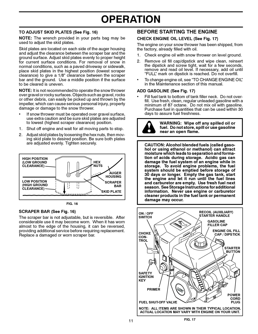 Husqvarna 1827SB manual Before Starting The Engine, Operation, TO ADJUST SKID PLATES See Fig, SCRAPER BAR See Fig 