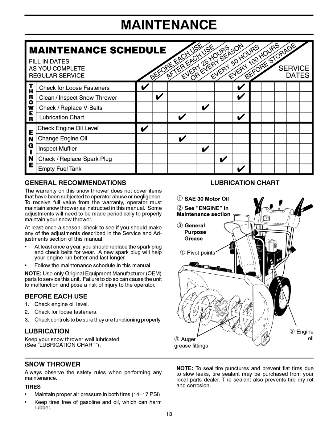 Husqvarna 1827SB manual Maintenance, General Recommendations, Before Each Use, Snow Thrower, Lubrication Chart, Tires 
