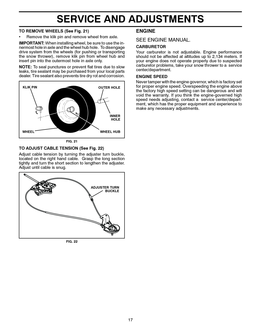 Husqvarna 1827SB Service And Adjustments, See Engine Manual, TO REMOVE WHEELS See Fig, TO ADJUST CABLE TENSION See Fig 
