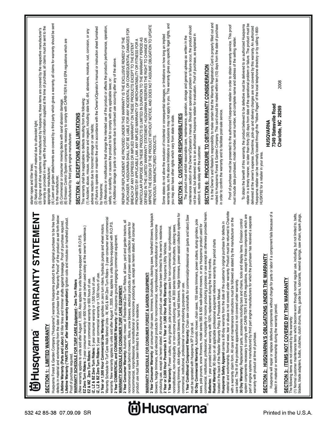 Husqvarna 1827SB manual Warranty Statement, 2008, Charlotte, NC 