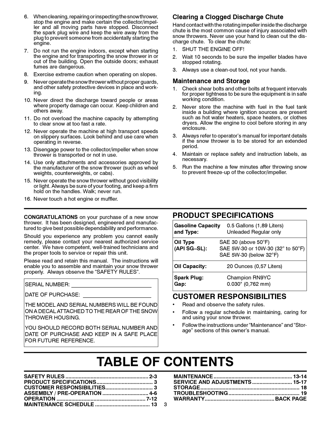 Husqvarna 1827SB Table Of Contents, Clearing a Clogged Discharge Chute, Maintenance and Storage, Product Specifications 