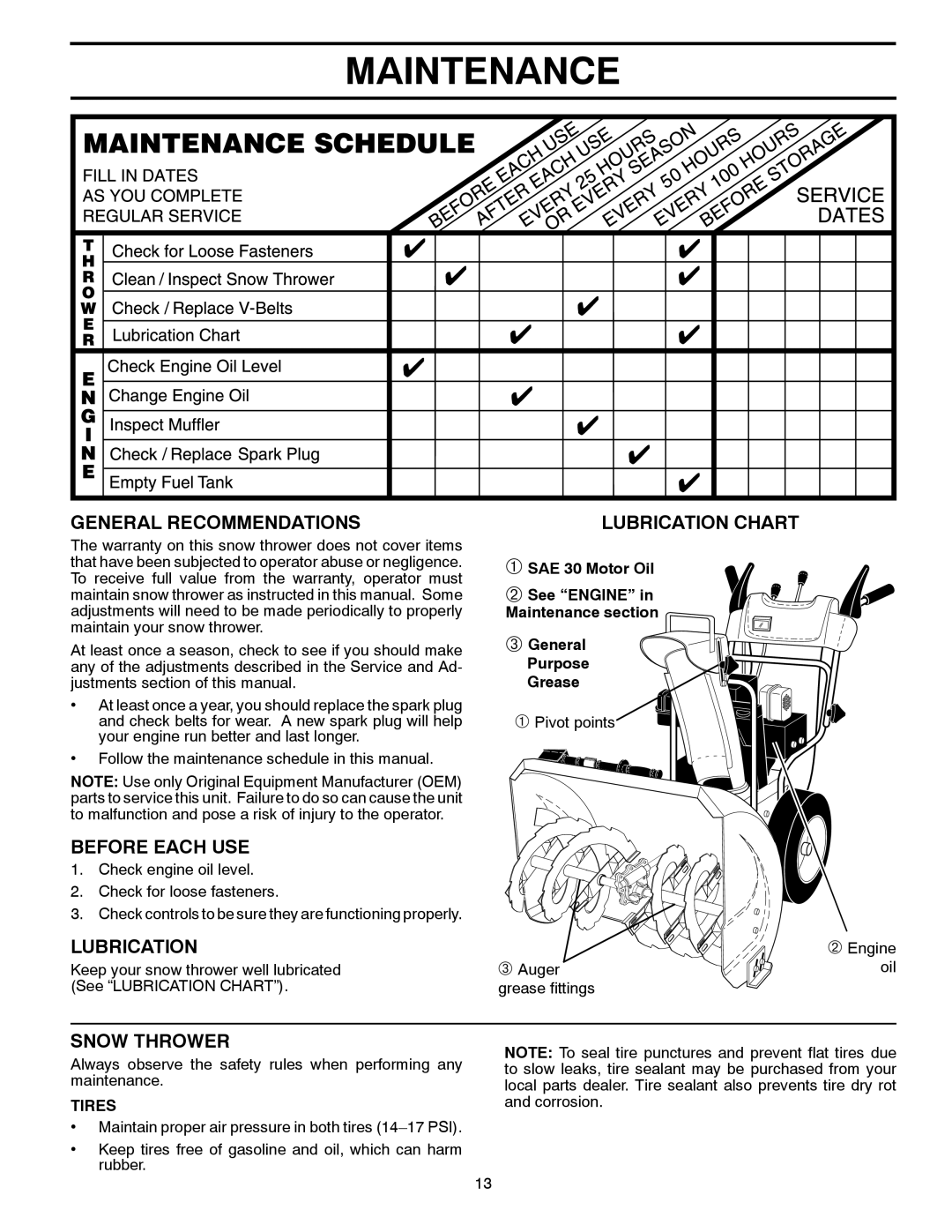 Husqvarna 1827SB manual Maintenance, General Recommendations, Before Each USE, Lubrication, Snow Thrower 