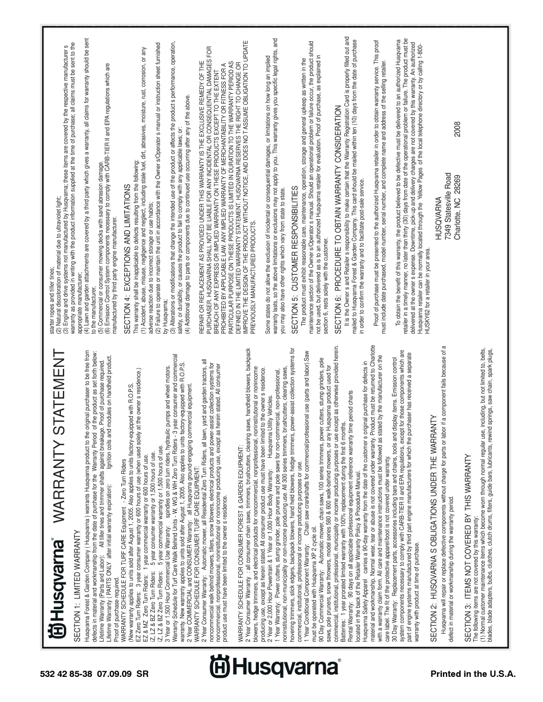 Husqvarna 1827SB manual Warranty Statement 