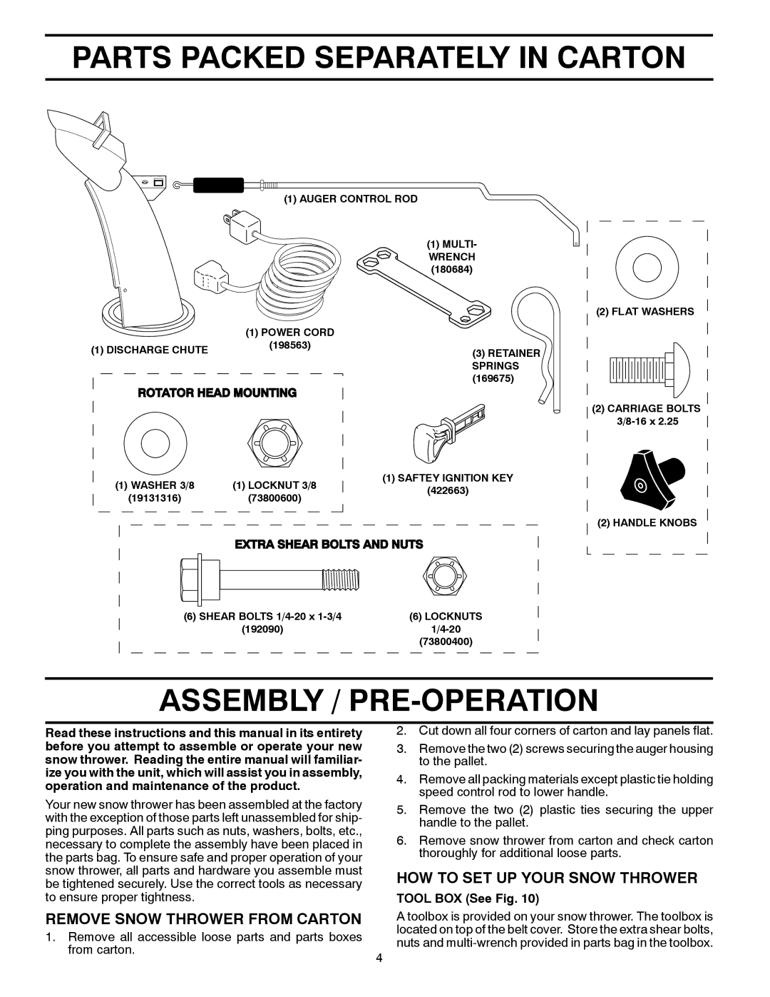 Husqvarna 1827SB manual Parts Packed Separately in Carton, Assembly / PRE-OPERATION, Remove Snow Thrower from Carton 