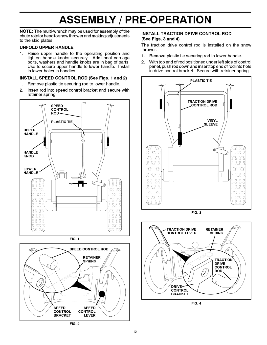 Husqvarna 1827SB Unfold Upper Handle, Install Speed Control ROD See Figs, Install Traction Drive Control ROD See Figs 