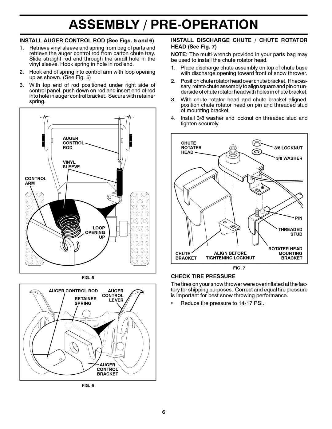 Husqvarna 1827SB manual Install Auger Control ROD See Figs, Install Discharge Chute / Chute Rotator Head See Fig 