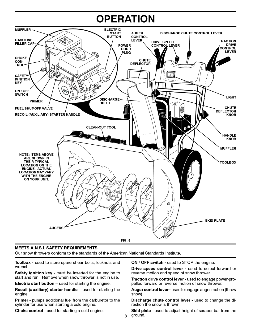 Husqvarna 1827SB manual Meets A.N.S.I. Safety Requirements, Recoil auxiliary starter handle used for starting the engine 