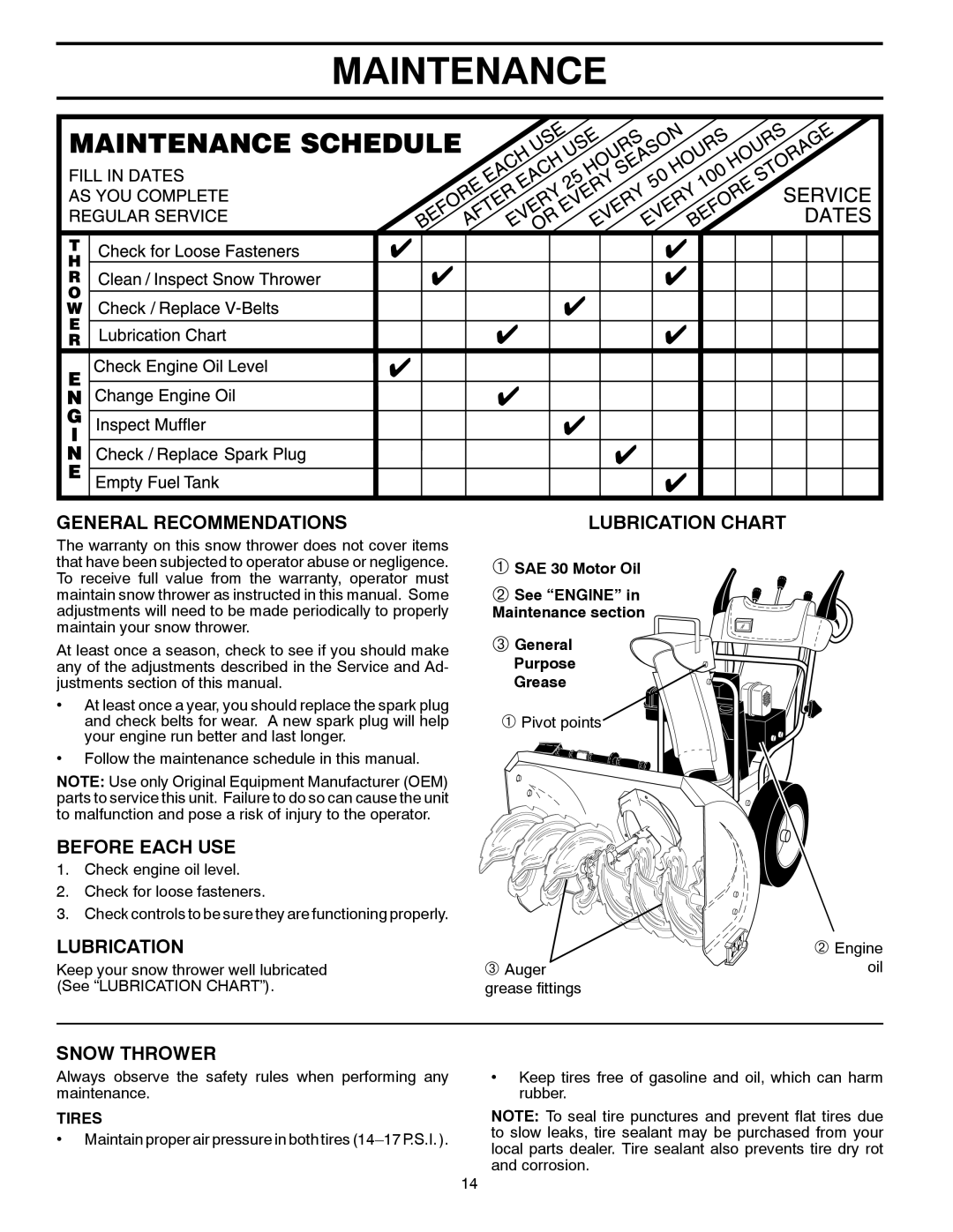 Husqvarna 1830HV manual Maintenance, General Recommendations, Before Each Use, Snow Thrower, Lubrication Chart, Tires 