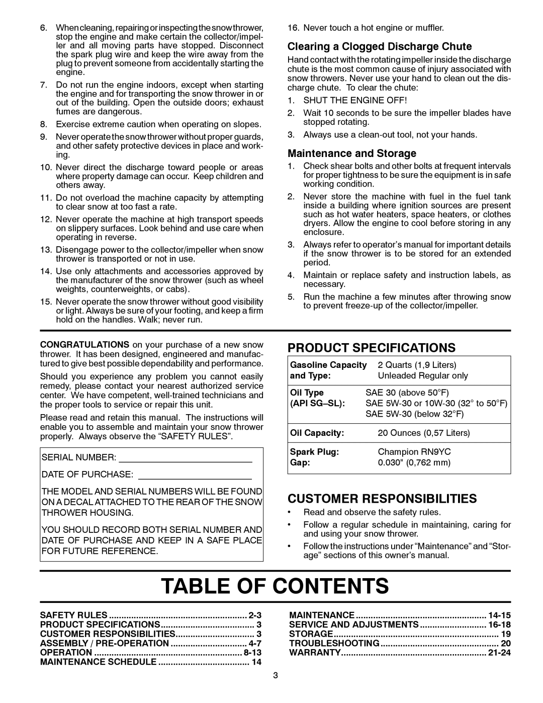 Husqvarna 96193005400 Table Of Contents, Clearing a Clogged Discharge Chute, Maintenance and Storage, and Type, Oil Type 