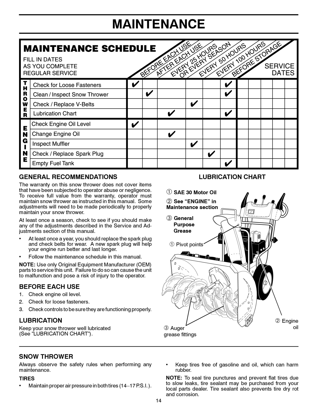 Husqvarna 1830HV, 96193005400 manual Maintenance, General Recommendations, Before Each USE, Lubrication, Snow Thrower 