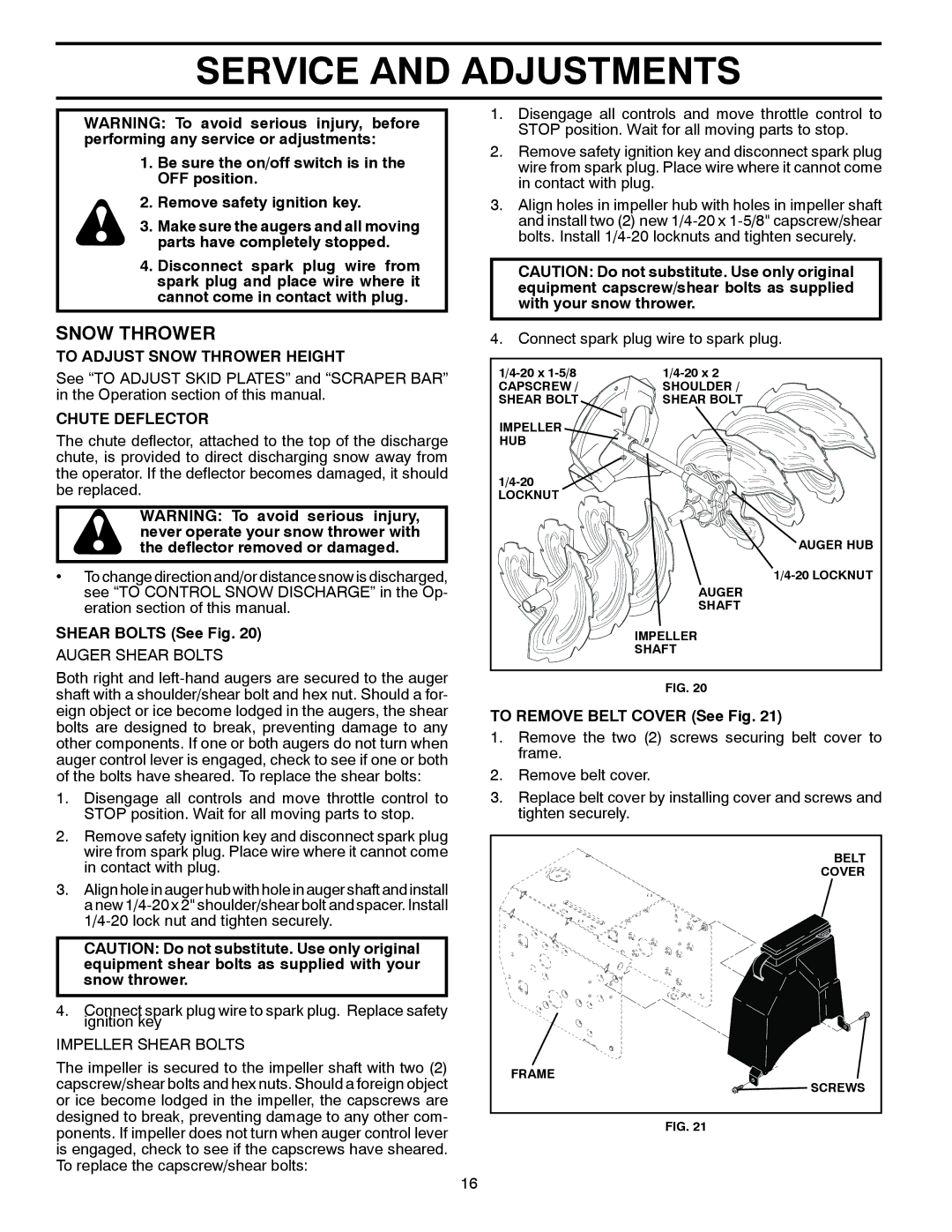 Husqvarna 1830HV, 96193005400 Service and Adjustments, To Adjust Snow Thrower Height, Chute Deflector, Shear Bolts See Fig 