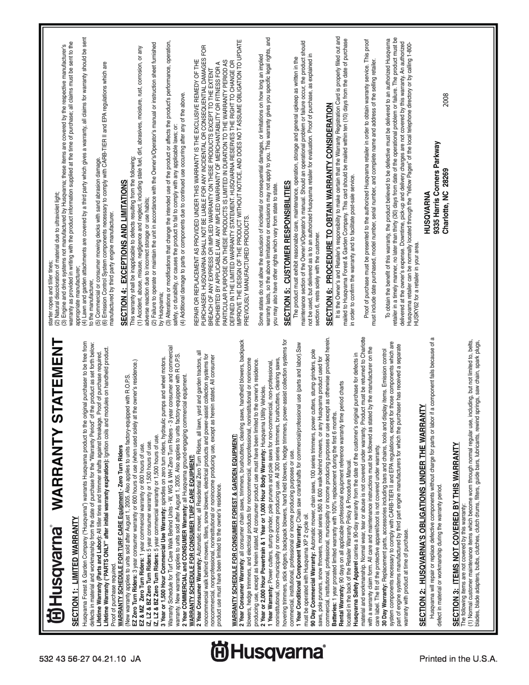 Husqvarna 1830SB Warranty Statement, Limited Warranty, Husqvarna’S Obligations Under The Warranty, Harris Corners Parkway 