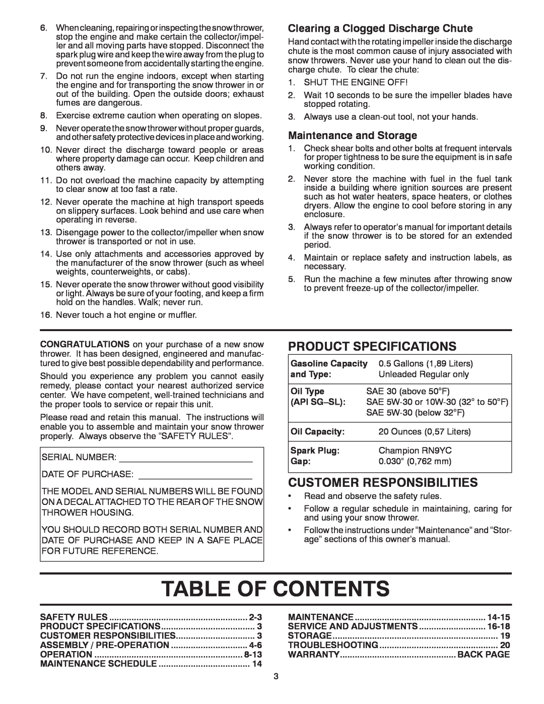 Husqvarna 96193005700 Table Of Contents, Clearing a Clogged Discharge Chute, Maintenance and Storage, Oil Type, Api Sg-Sl 