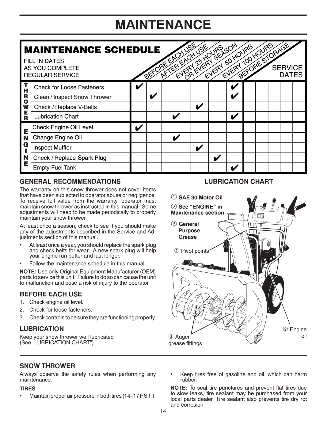 Husqvarna 1830SB, 96193005700 manual Maintenance, General Recommendations, Before Each USE, Lubrication, Snow Thrower 