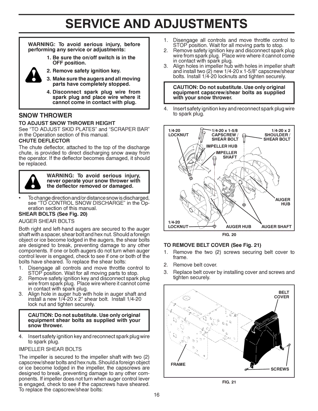 Husqvarna 1830SB, 96193005700 Service and Adjustments, To Adjust Snow Thrower Height, Chute Deflector, Shear Bolts See Fig 