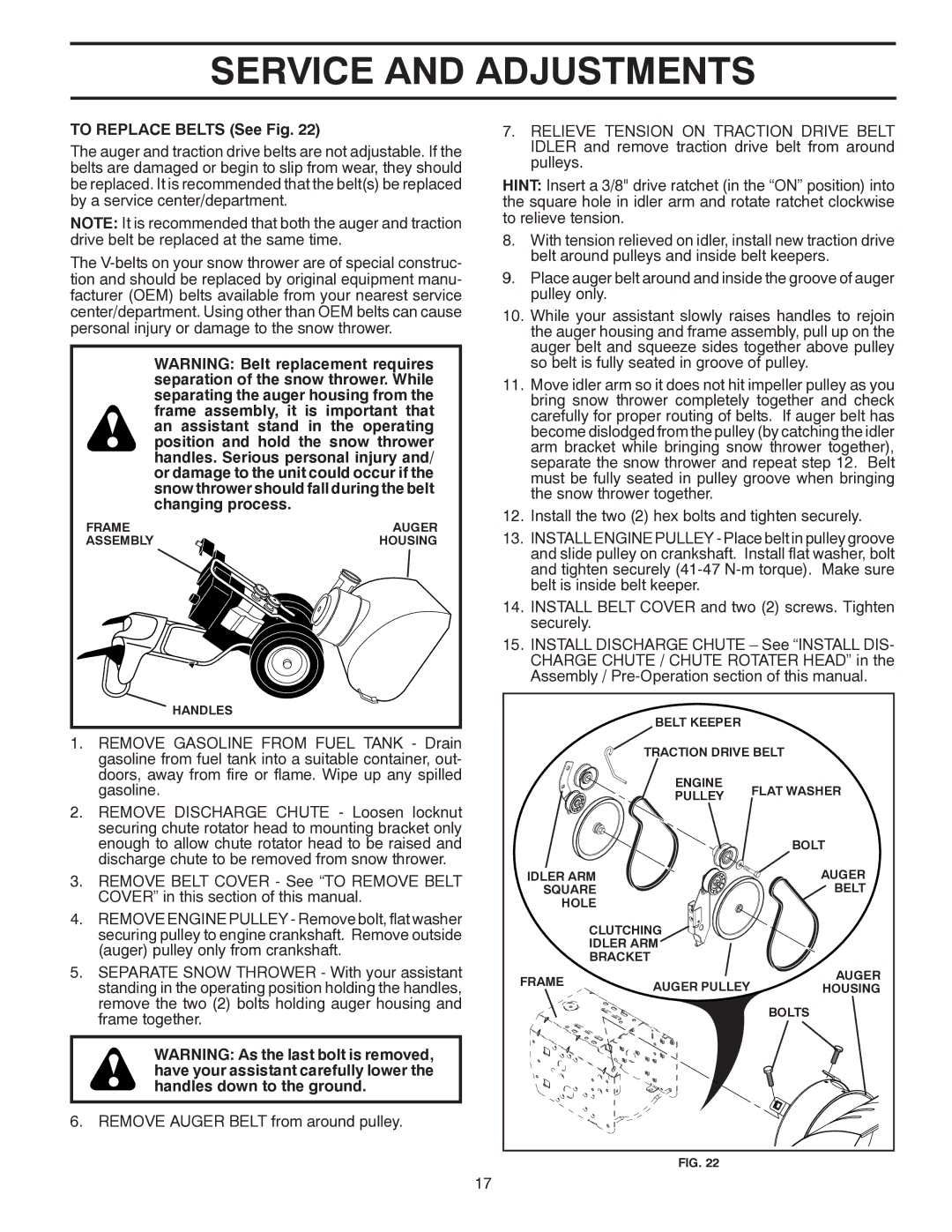 Husqvarna 96193005700, 1830SB manual To Replace Belts See Fig 