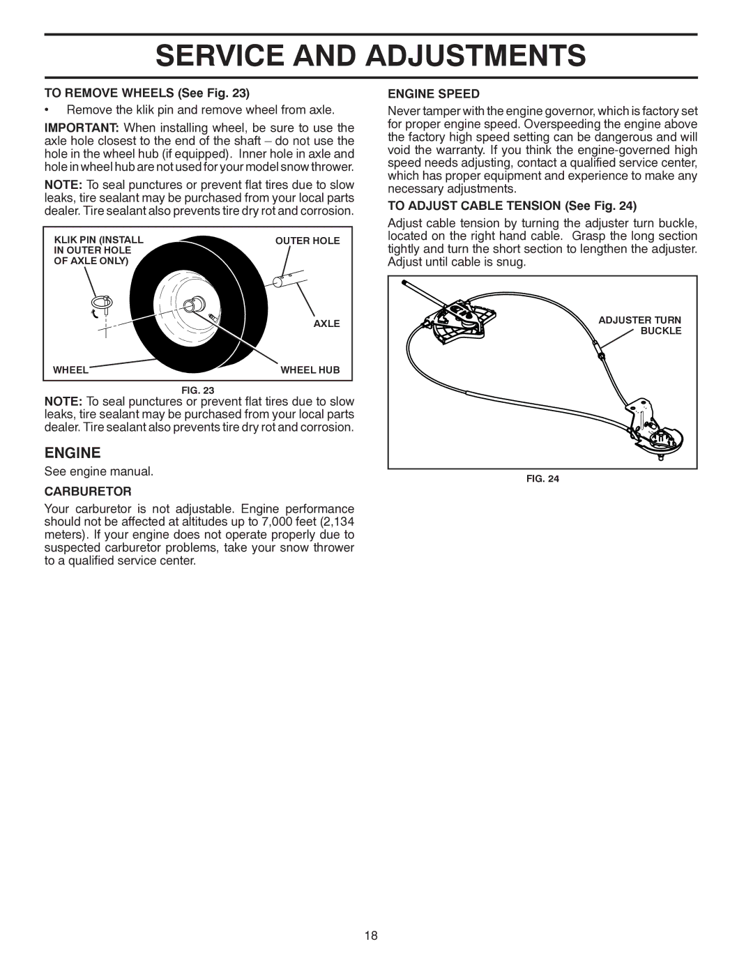 Husqvarna 1830SB manual To Remove Wheels See Fig, Remove the klik pin and remove wheel from axle, Carburetor, Engine Speed 