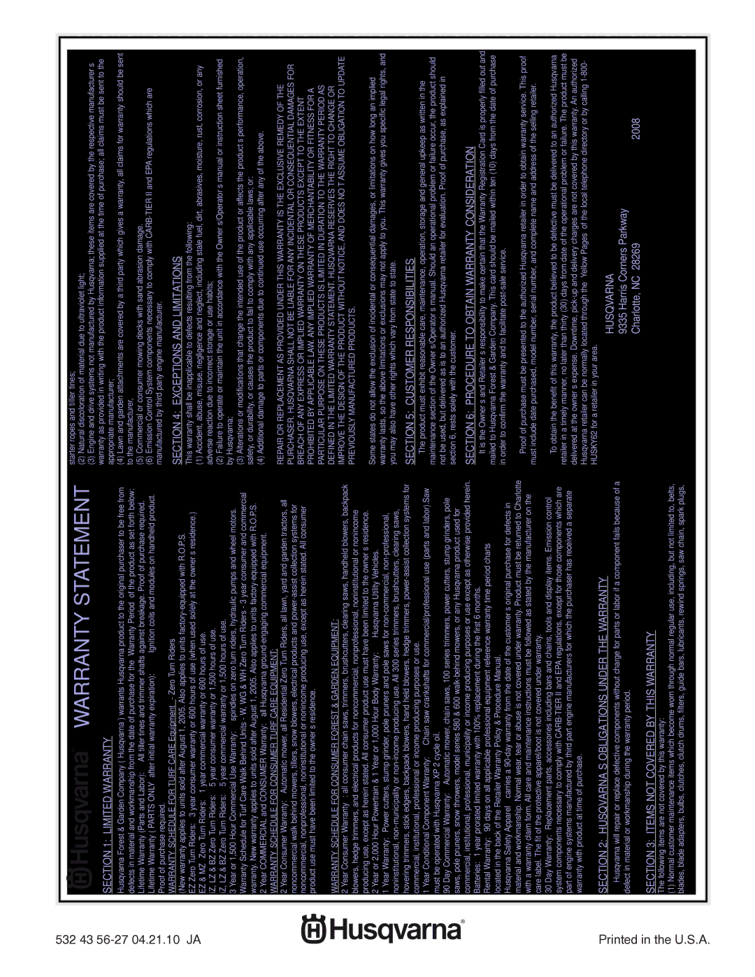 Husqvarna 1830SB, 96193005700 manual Warranty Statement, 532 43 56-27 04.21.10 JA 