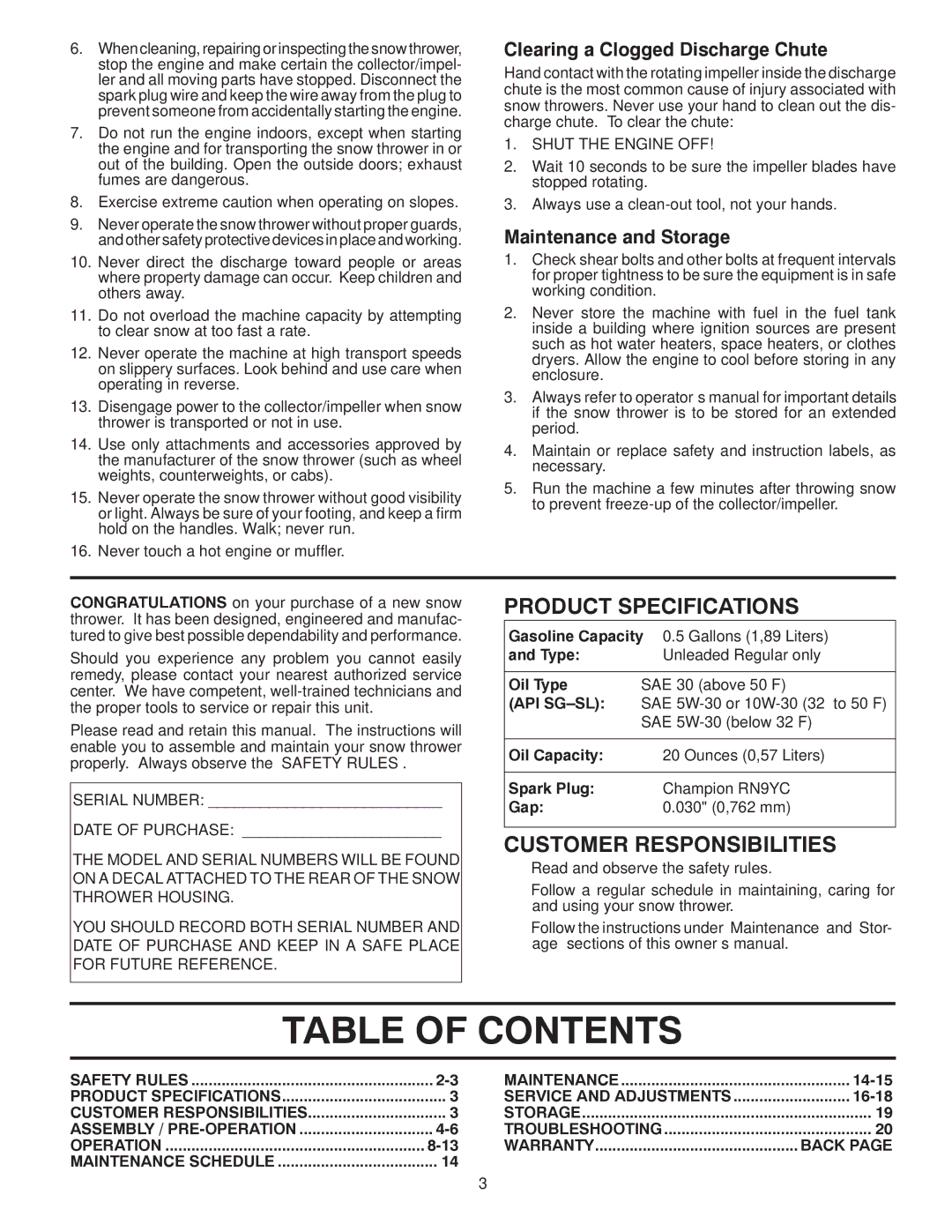 Husqvarna 96193005700, 1830SB manual Table of Contents 