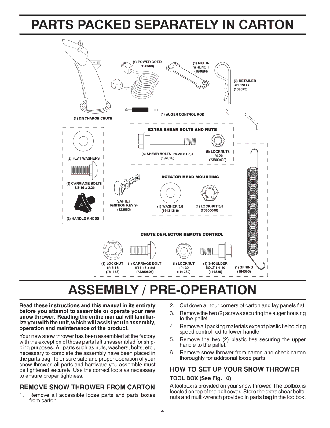 Husqvarna 1830SB, 96193005700 Parts Packed Separately in Carton, Assembly / PRE-OPERATION, Remove Snow Thrower from Carton 