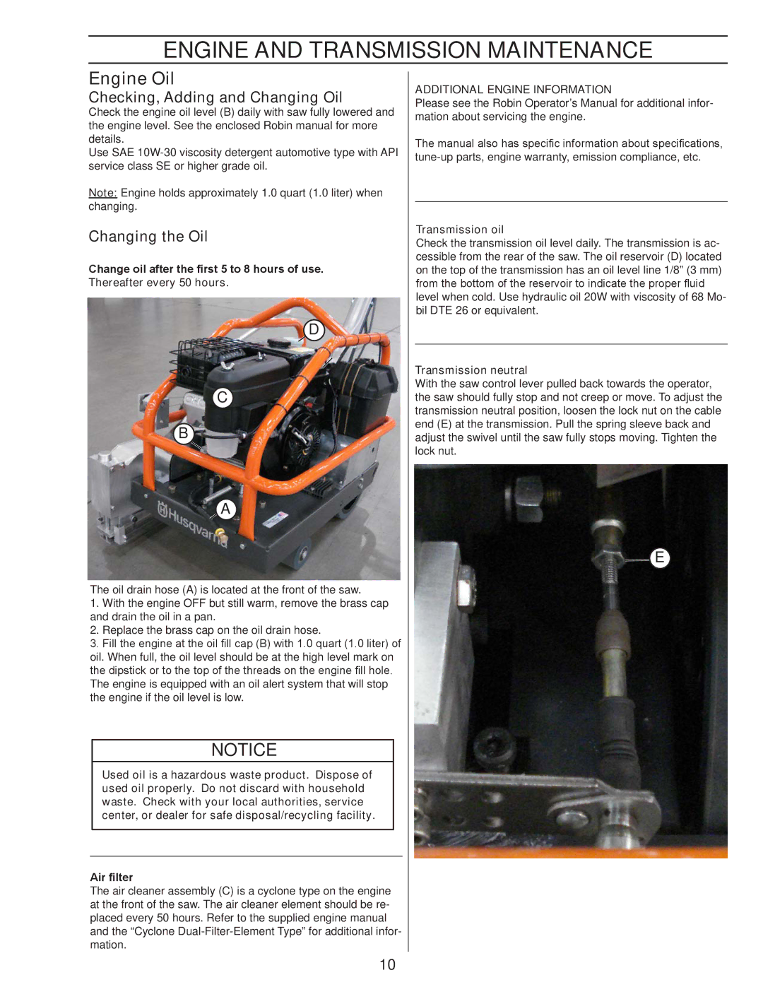 Husqvarna 2000 Engine and Transmission Maintenance, Additional Engine Information, Transmission oil, Transmission neutral 