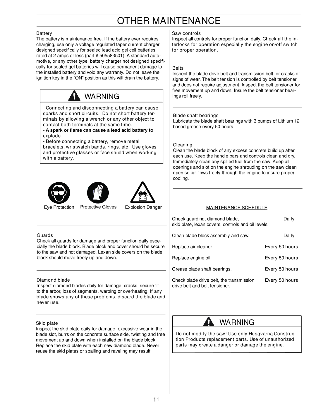 Husqvarna 2000 manual Other Maintenance, Maintenance Schedule 