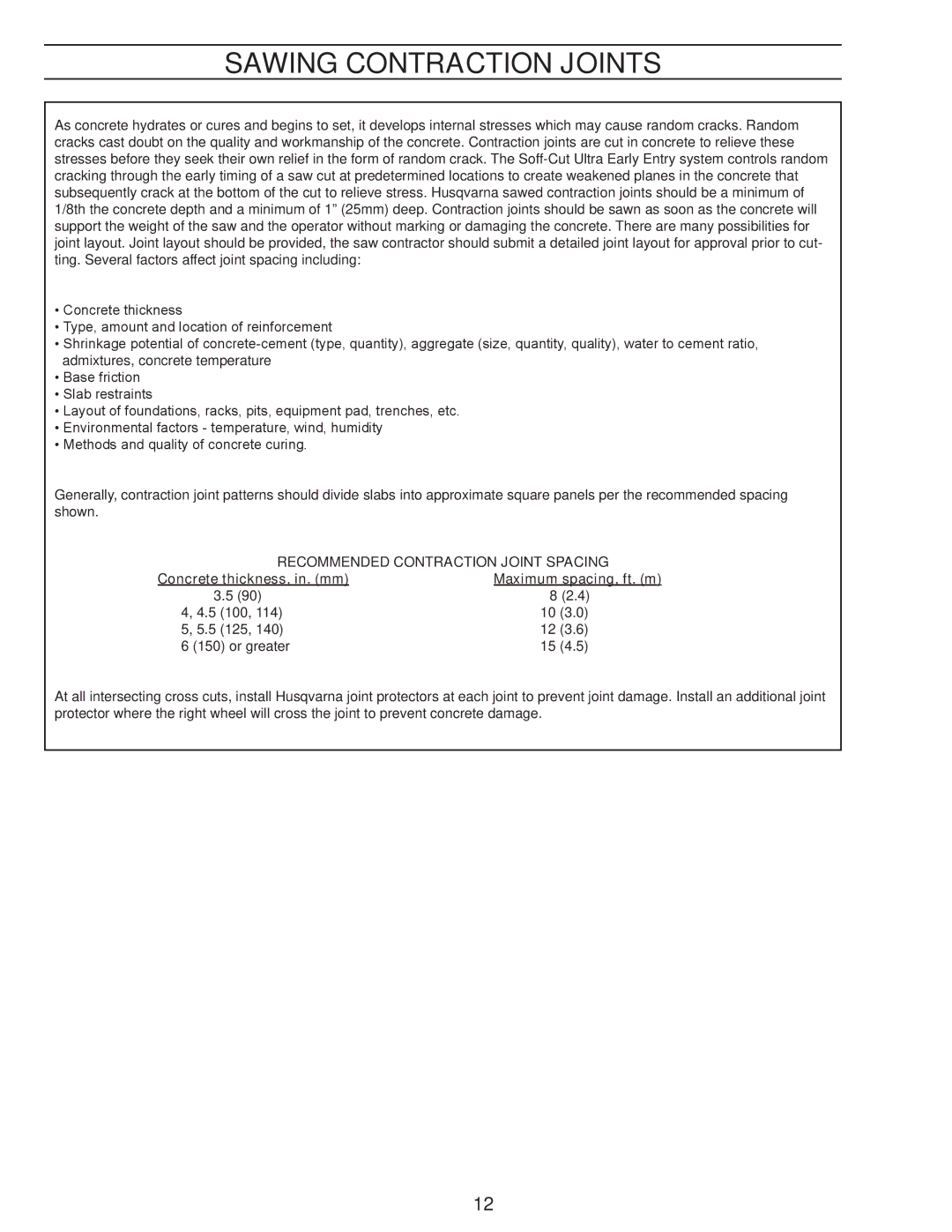Husqvarna 2000 manual Sawing Contraction Joints, Recommended Contraction Joint Spacing 