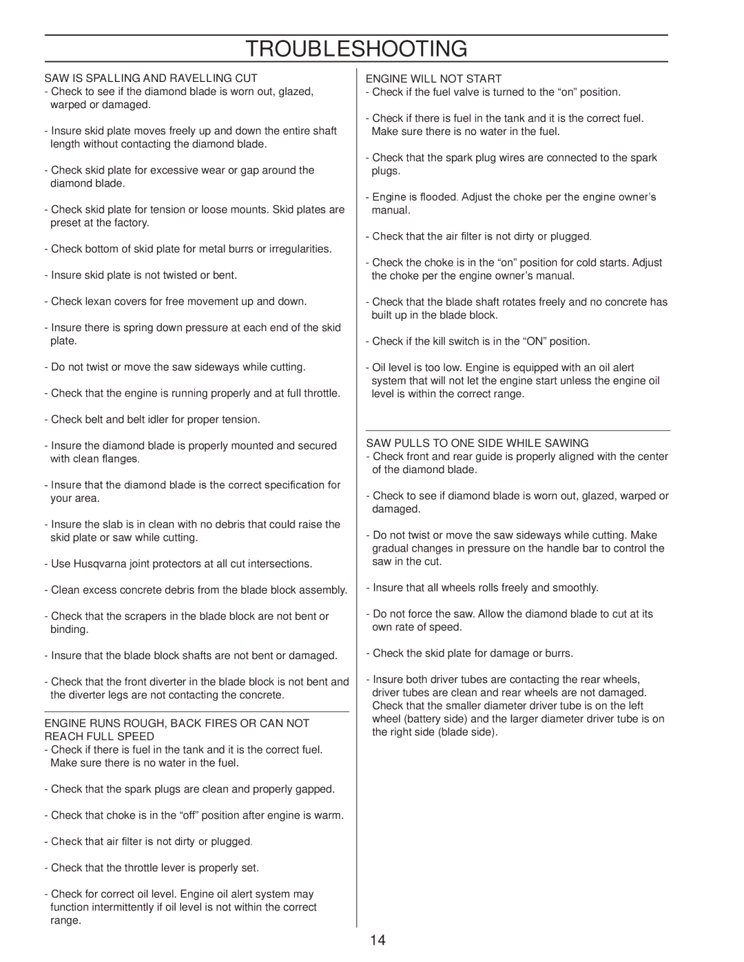 Husqvarna 2000 manual Troubleshooting, SAW is Spalling and Ravelling CUT, Engine will not Start 