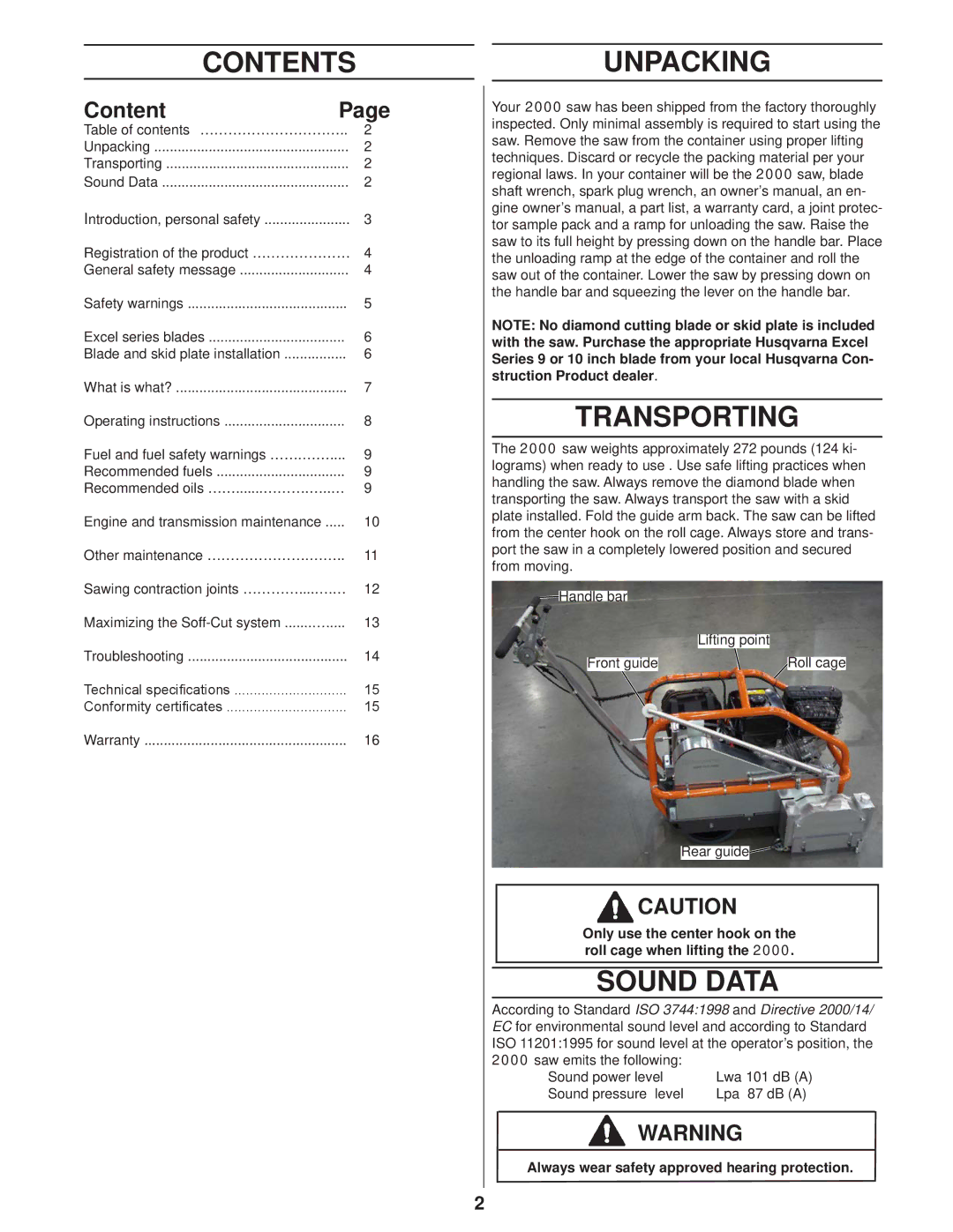 Husqvarna 2000 manual Contents, Unpacking Transporting, Sound Data 