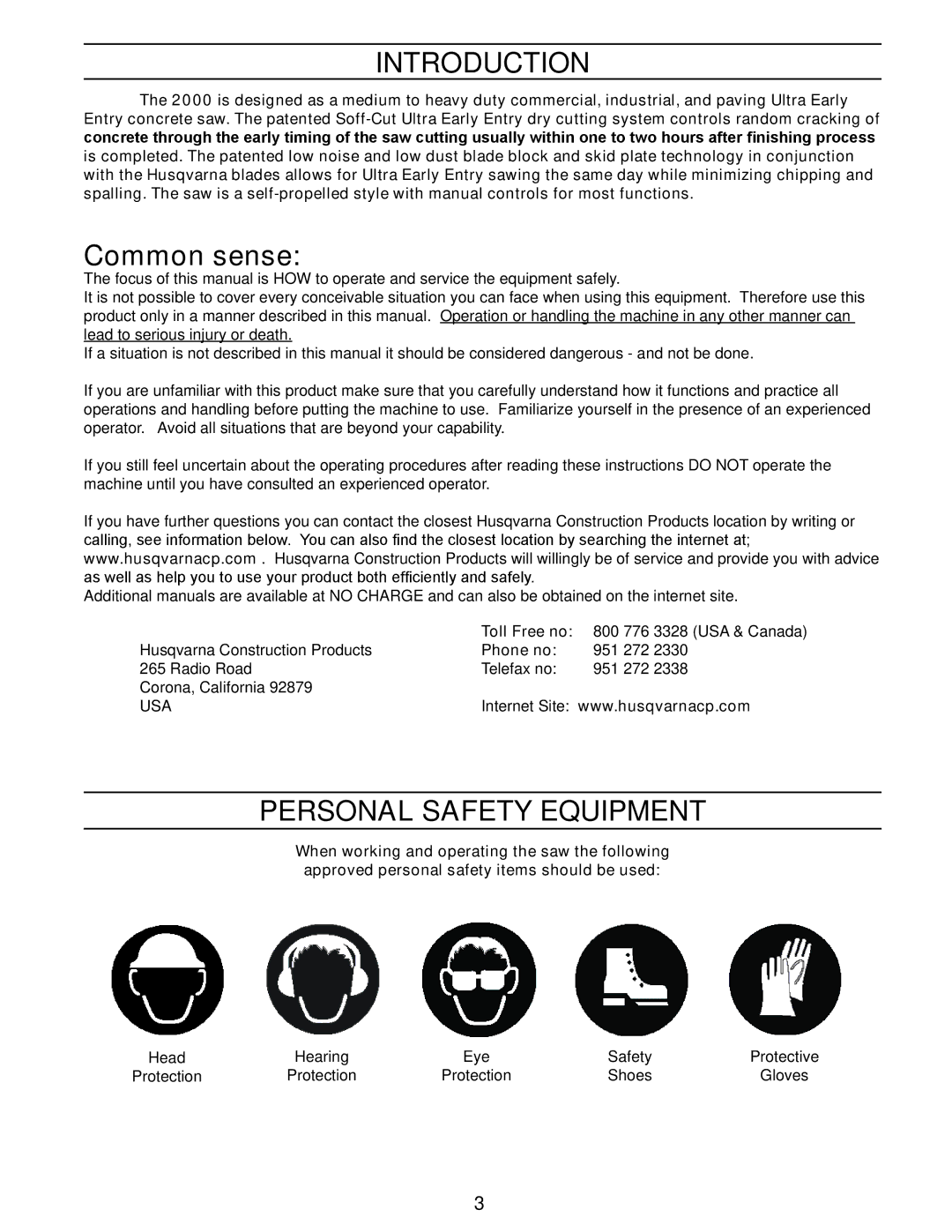 Husqvarna 2000 manual Introduction, Personal Safety Equipment 