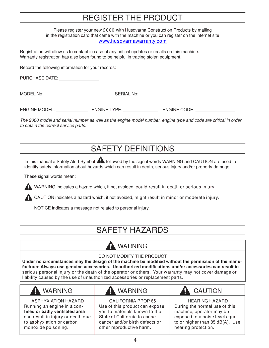 Husqvarna 2000 manual Register the Product, Safety Definitions, Safety Hazards 