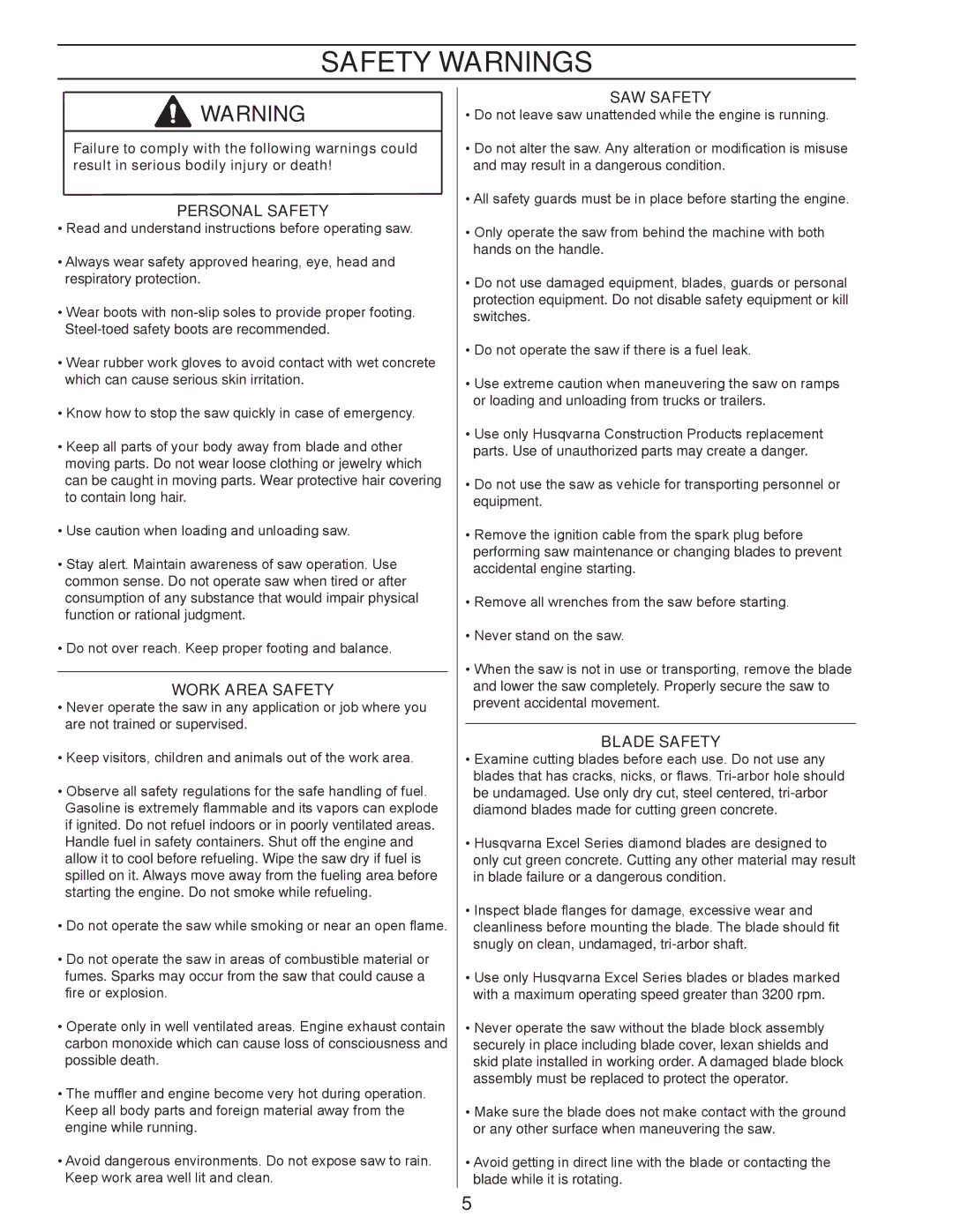 Husqvarna 2000 manual Safety Warnings, Personal Safety 