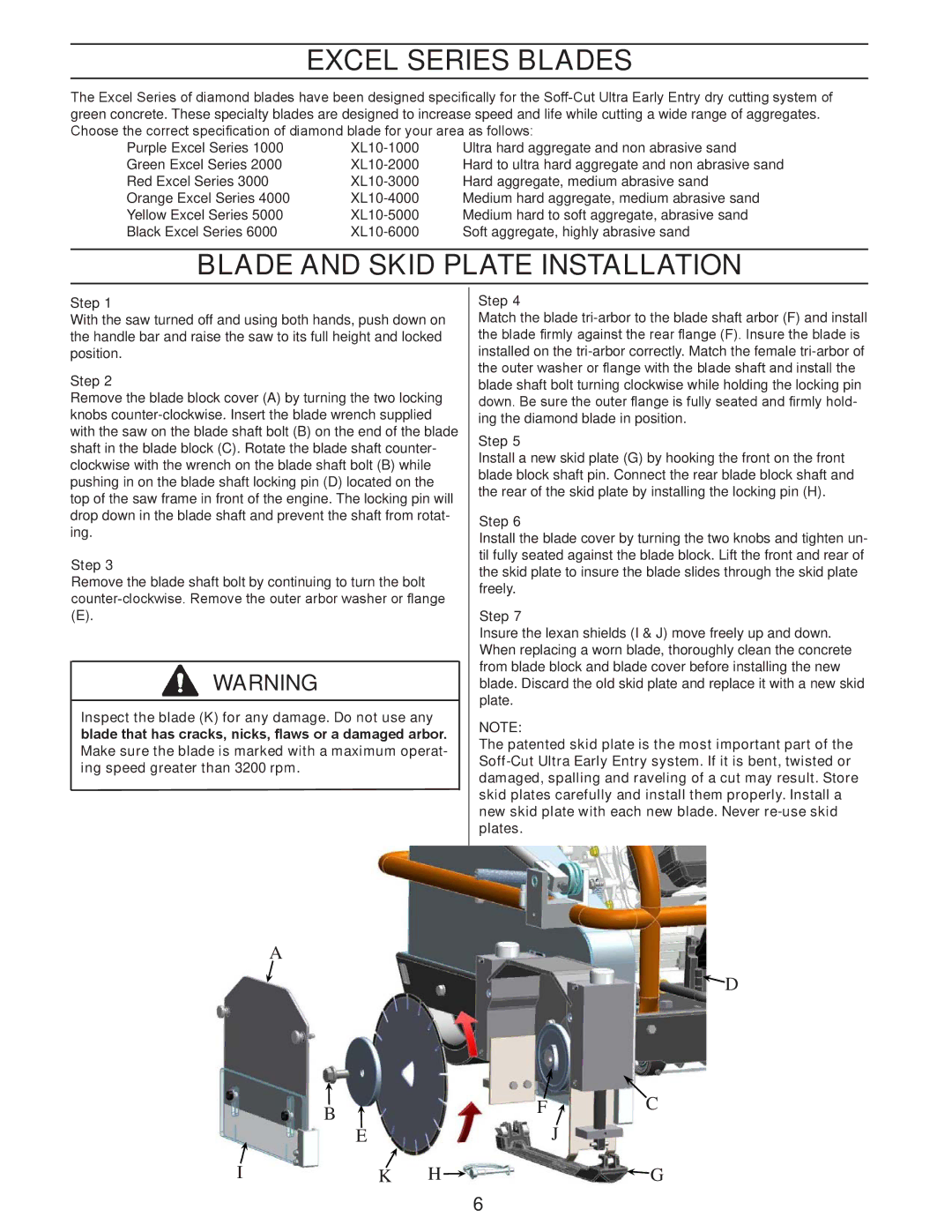 Husqvarna 2000 manual Excel Series Blades, Blade and Skid Plate Installation, Step 