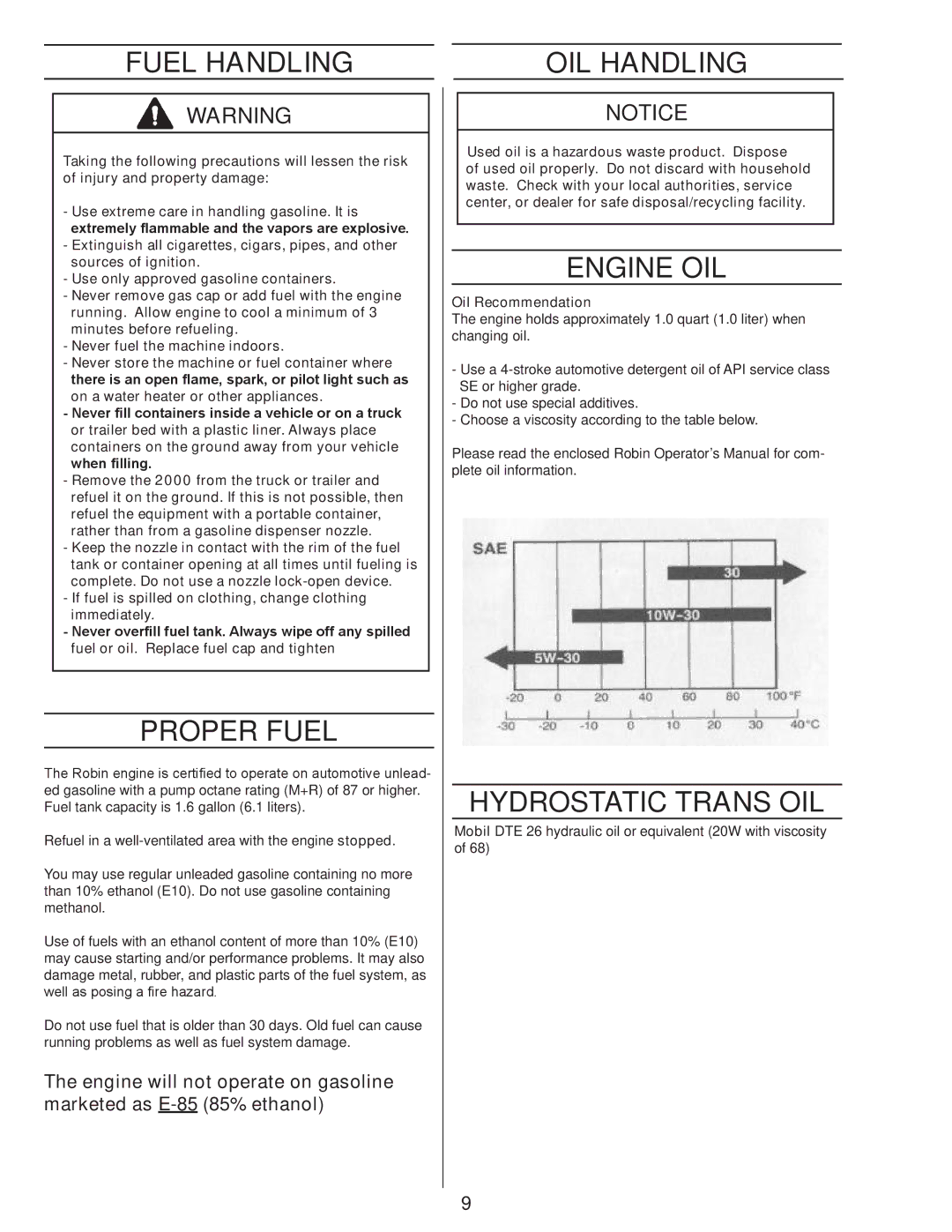Husqvarna 2000 manual Fuel Handling, Proper Fuel, OIL Handling, Engine OIL, Hydrostatic Trans OIL 