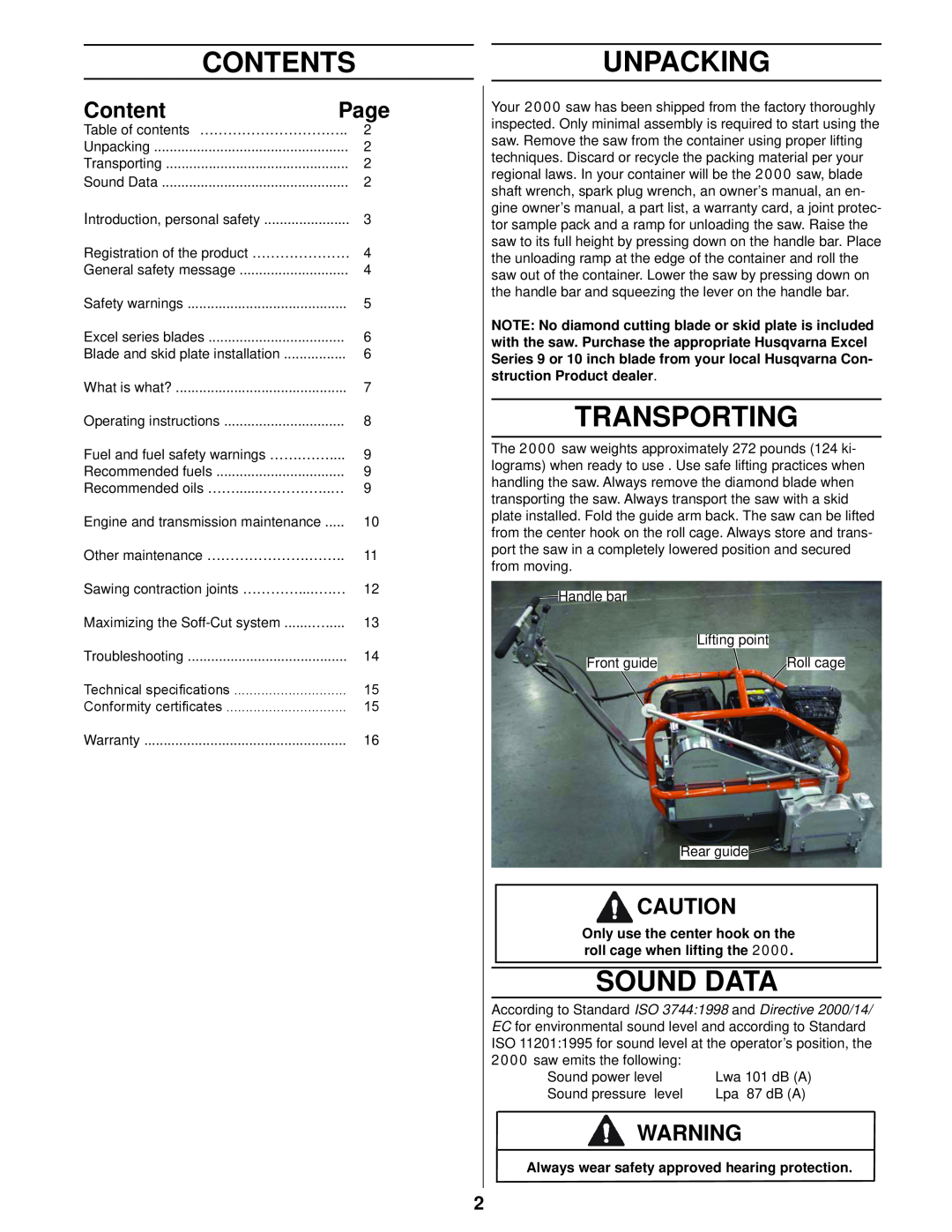 Husqvarna 2000 manual Contents, Unpacking, Transporting, Sound Data, Page, Always wear safety approved hearing protection 
