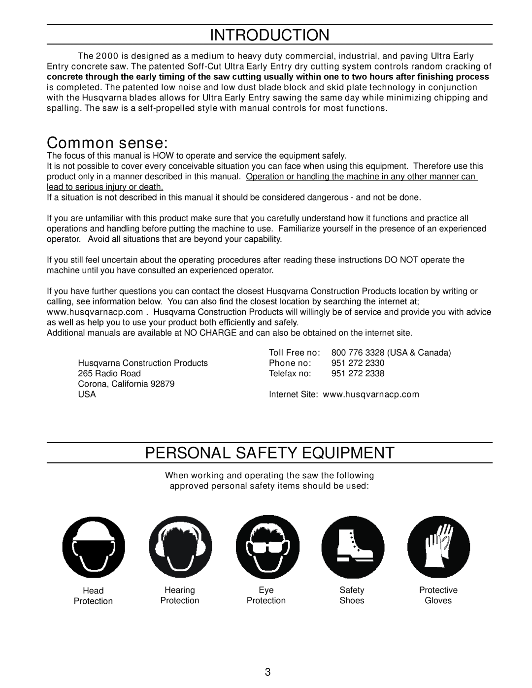 Husqvarna 2000 manual Introduction, Common sense, Personal Safety Equipment 