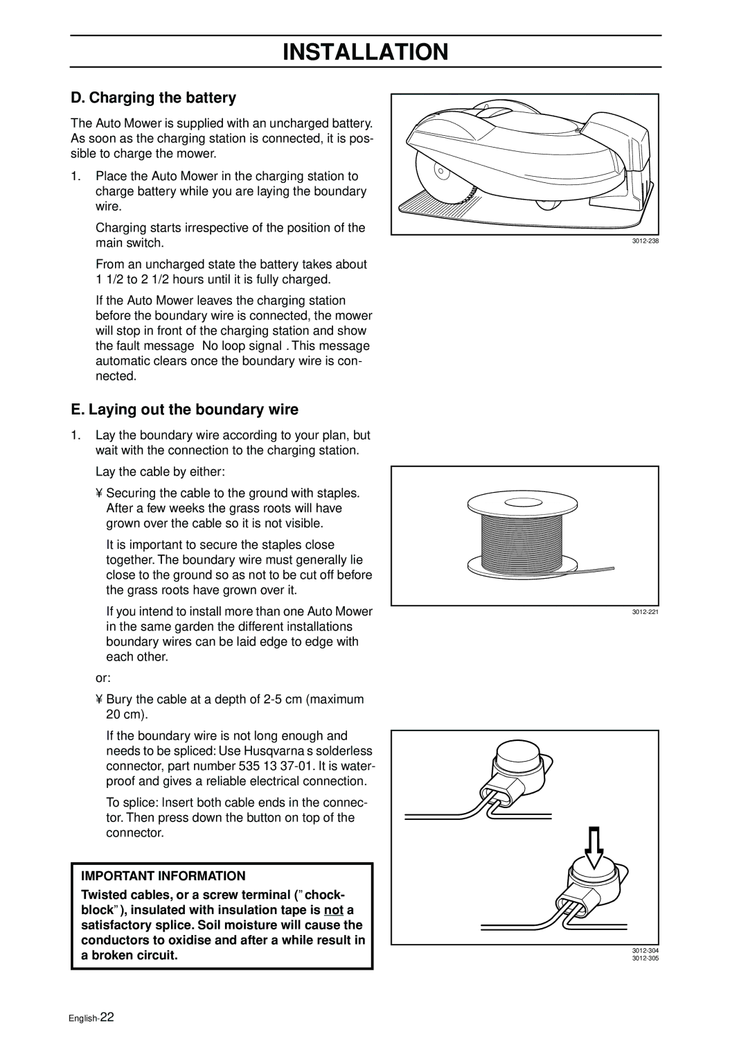 Husqvarna 2003-06 manual Charging the battery, Laying out the boundary wire 