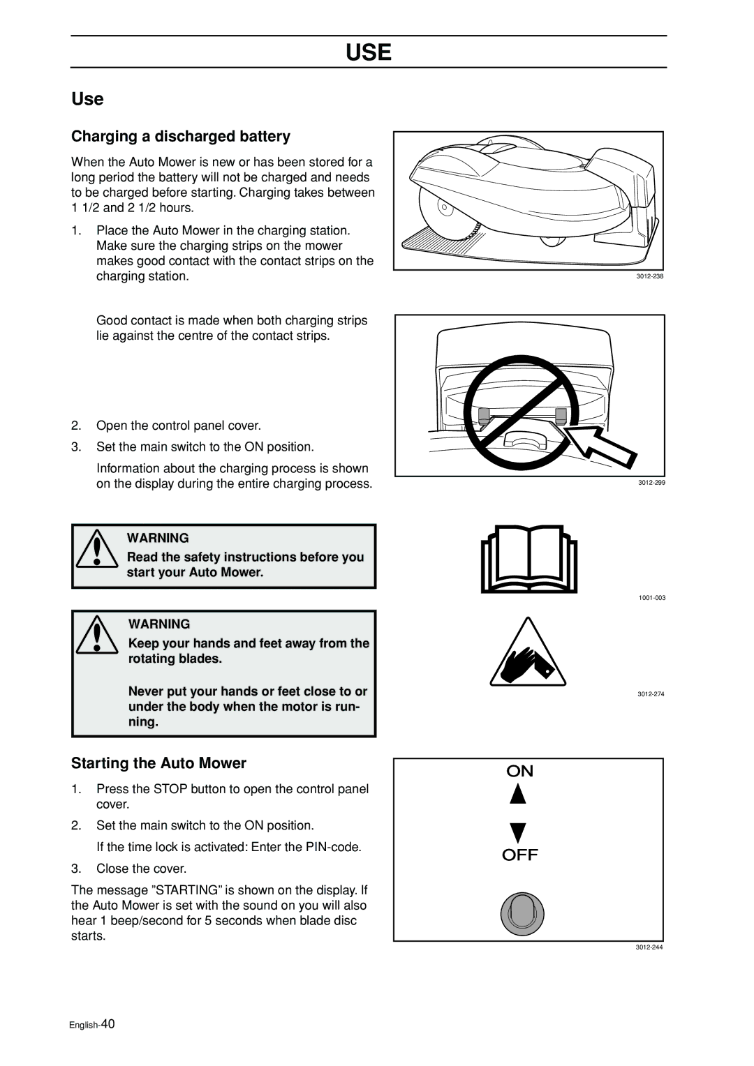 Husqvarna 2003-06 manual Use, Charging a discharged battery, Starting the Auto Mower 