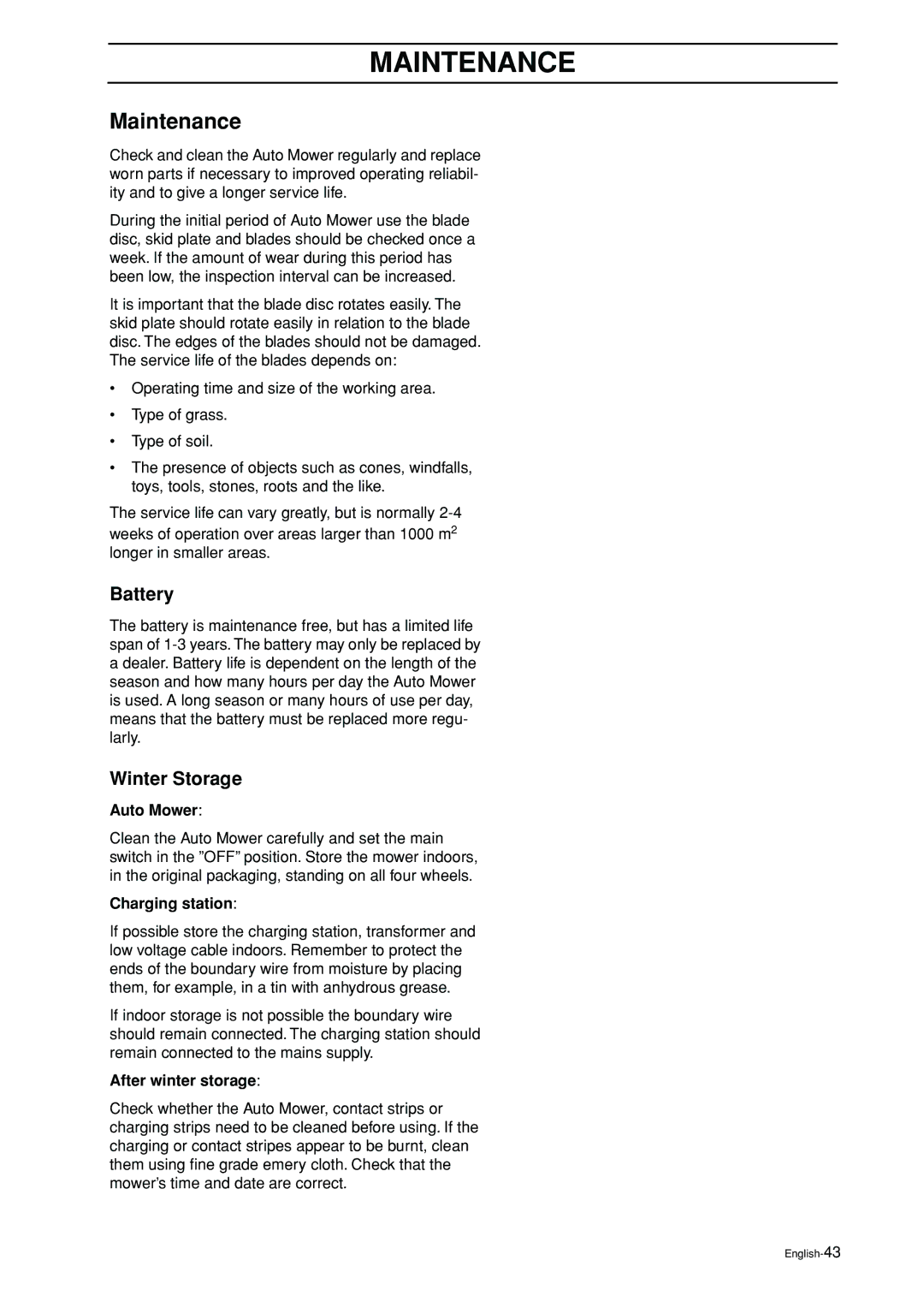 Husqvarna 2003-06 manual Maintenance, Battery, Winter Storage 