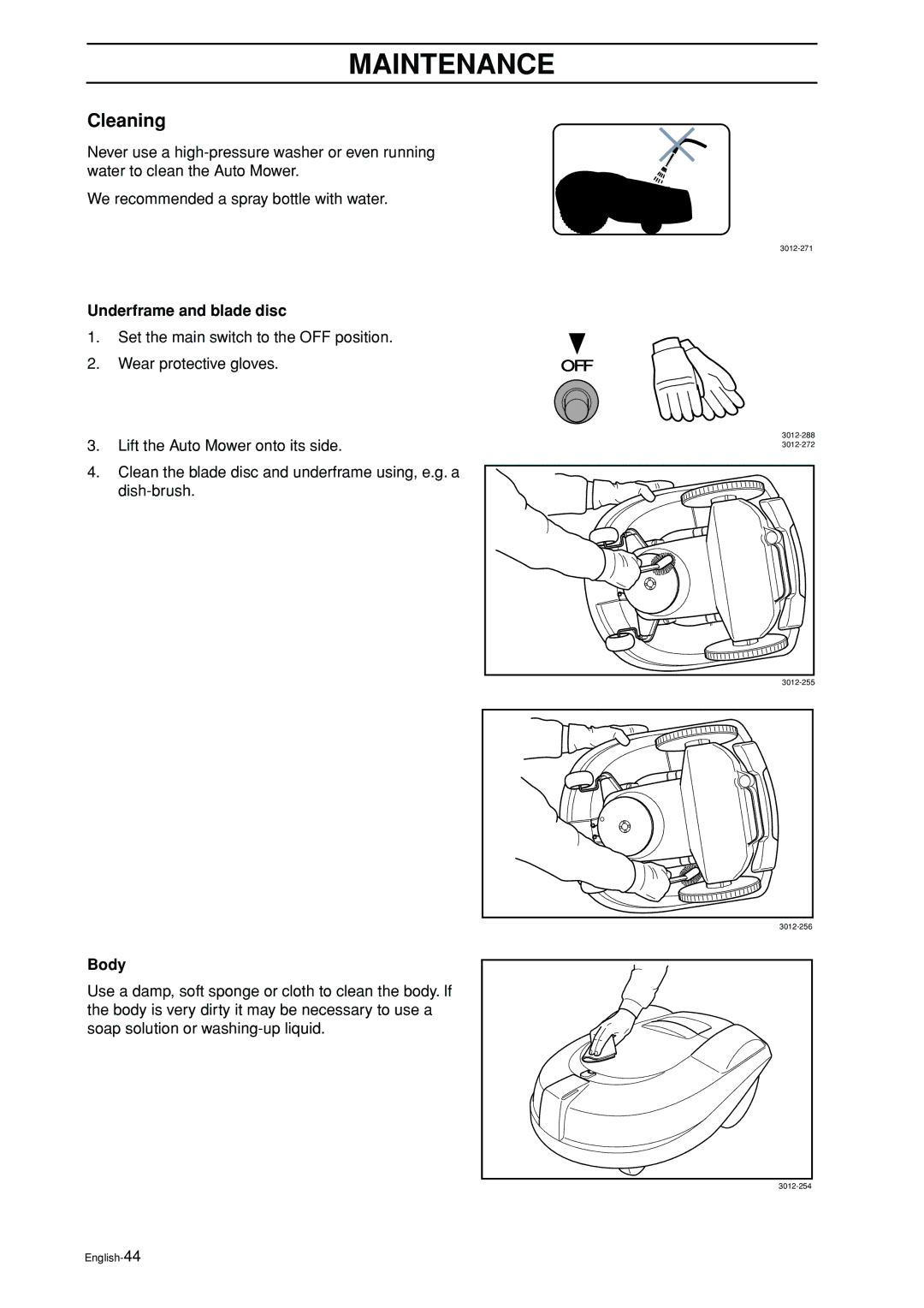 Husqvarna 2003-06 manual Cleaning, Underframe and blade disc, Body 