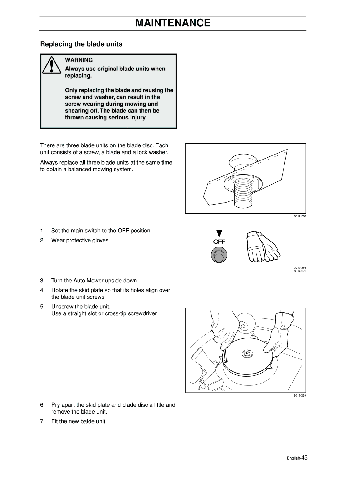 Husqvarna 2003-06 manual Replacing the blade units 