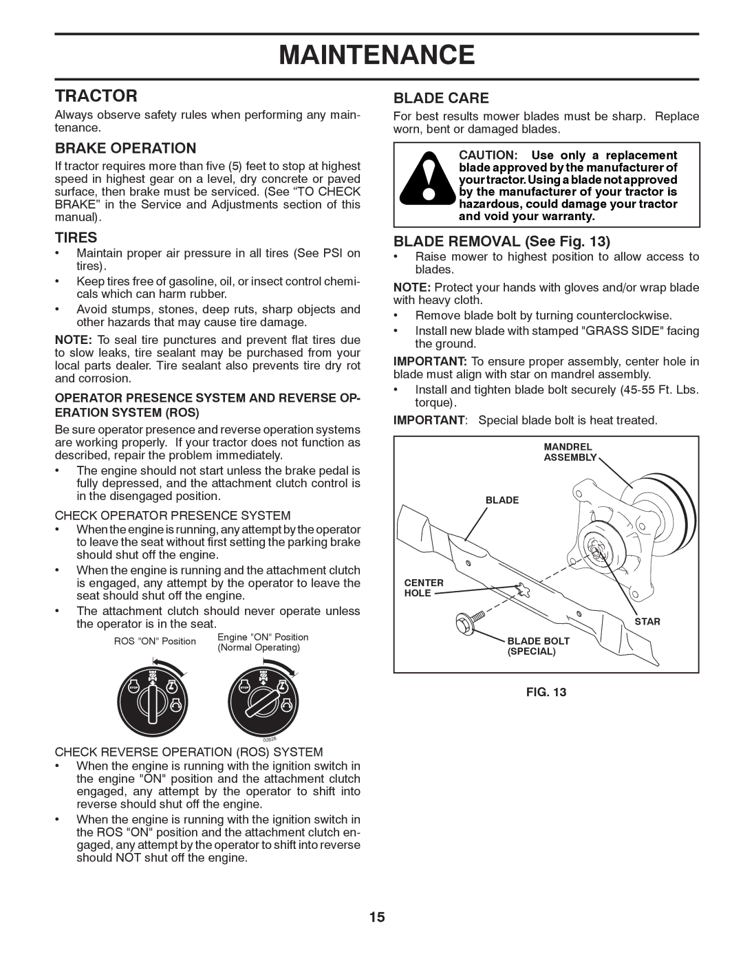 Husqvarna 2042 LS (CA) manual Tractor, Brake Operation, Tires, Blade Care, Blade Removal See Fig 