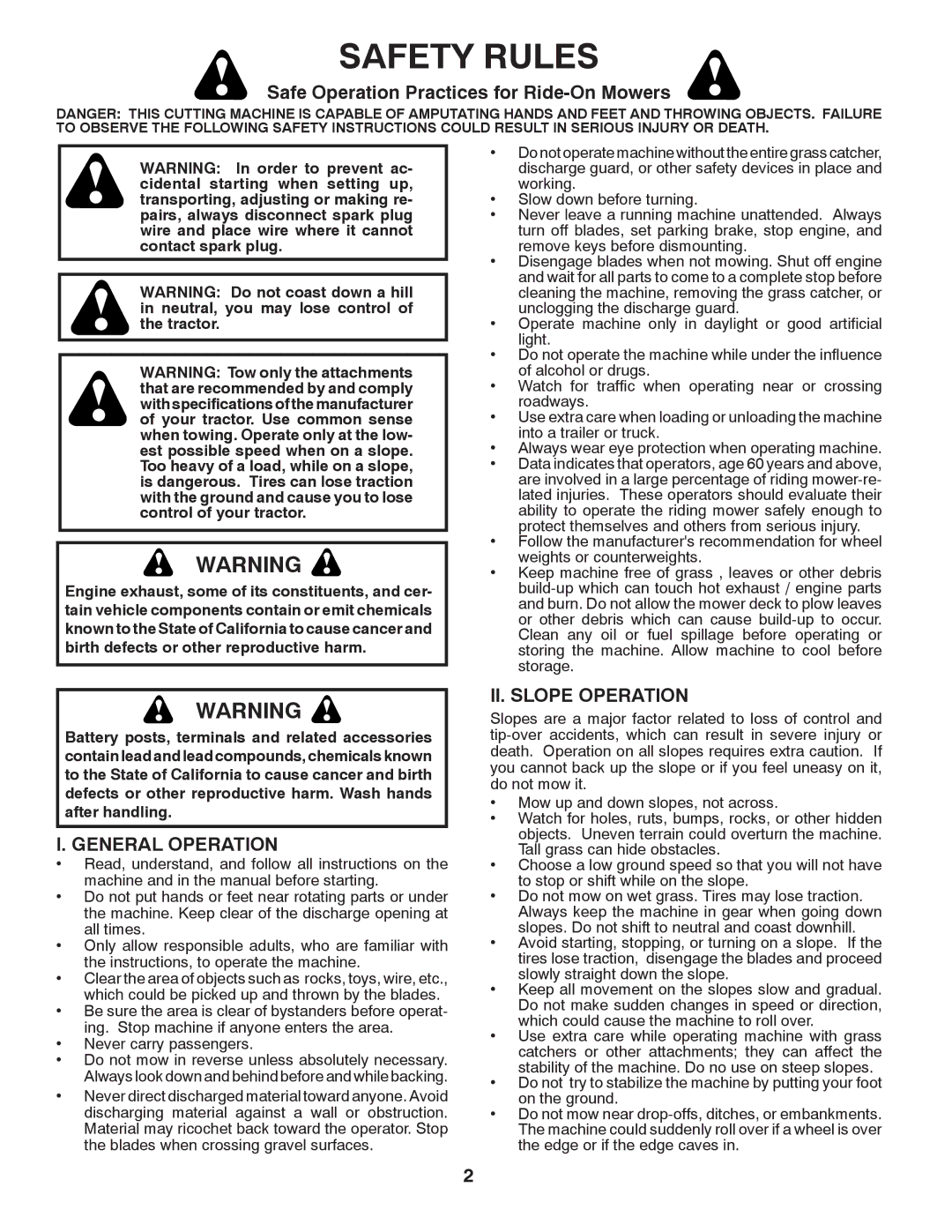 Husqvarna 2042 LS (CA) Safety Rules, Safe Operation Practices for Ride-On Mowers, General Operation, II. Slope Operation 