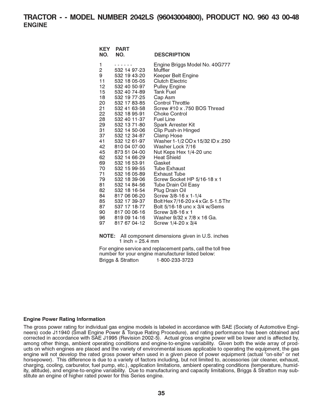 Husqvarna 2042 LS (CA) manual Engine Power Rating Information 