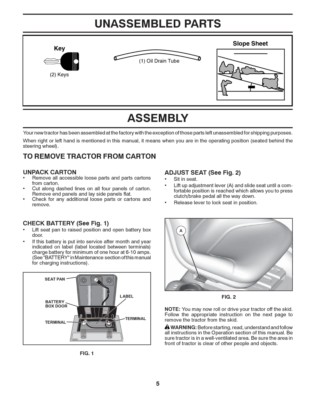 Husqvarna 2042 LS (CA) manual Unassembled Parts, Assembly, To Remove Tractor from Carton, Unpack Carton 