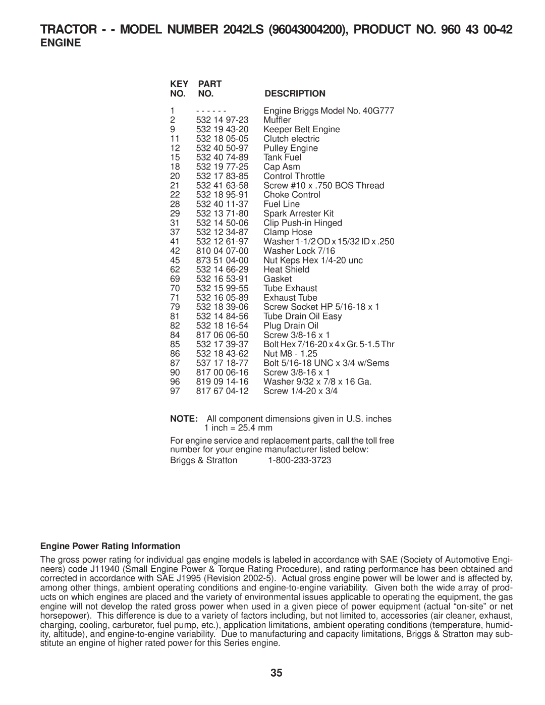 Husqvarna 2042 LS manual Engine Power Rating Information 