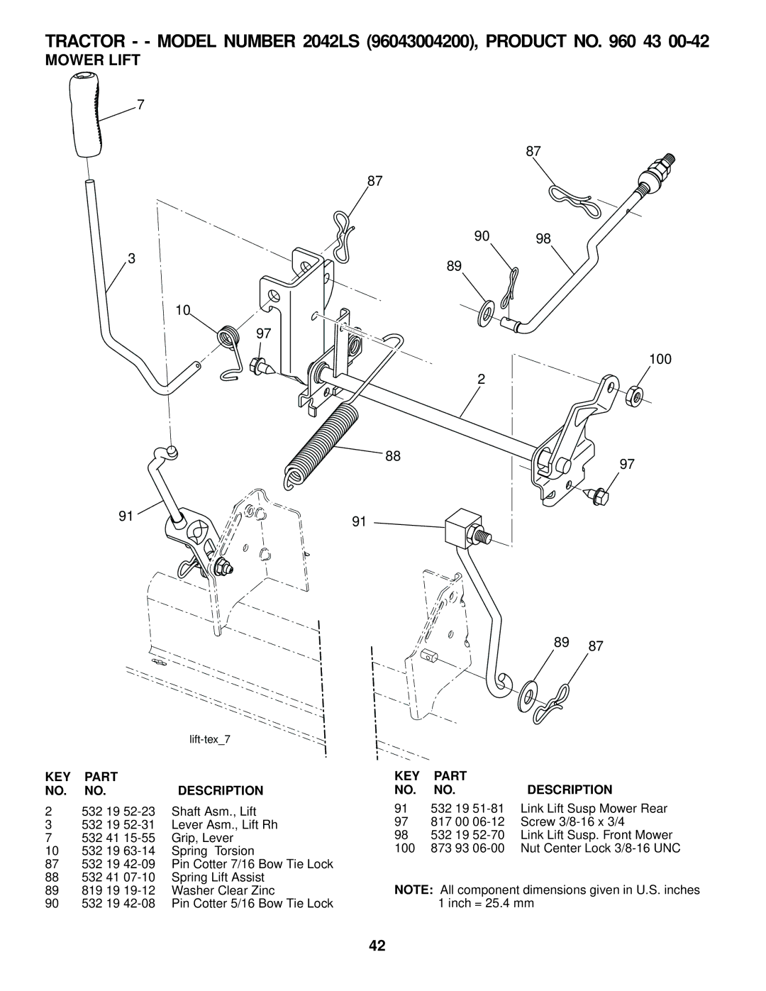 Husqvarna 2042 LS manual Mower Lift, 100 