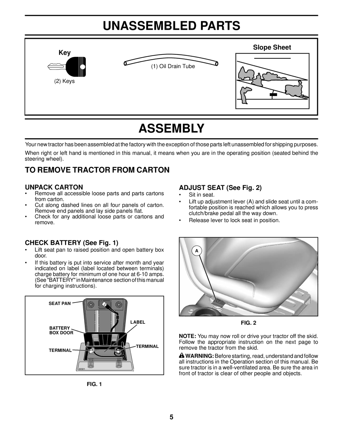 Husqvarna 2042 LS manual Unassembled Parts, Assembly, To Remove Tractor from Carton, Unpack Carton 