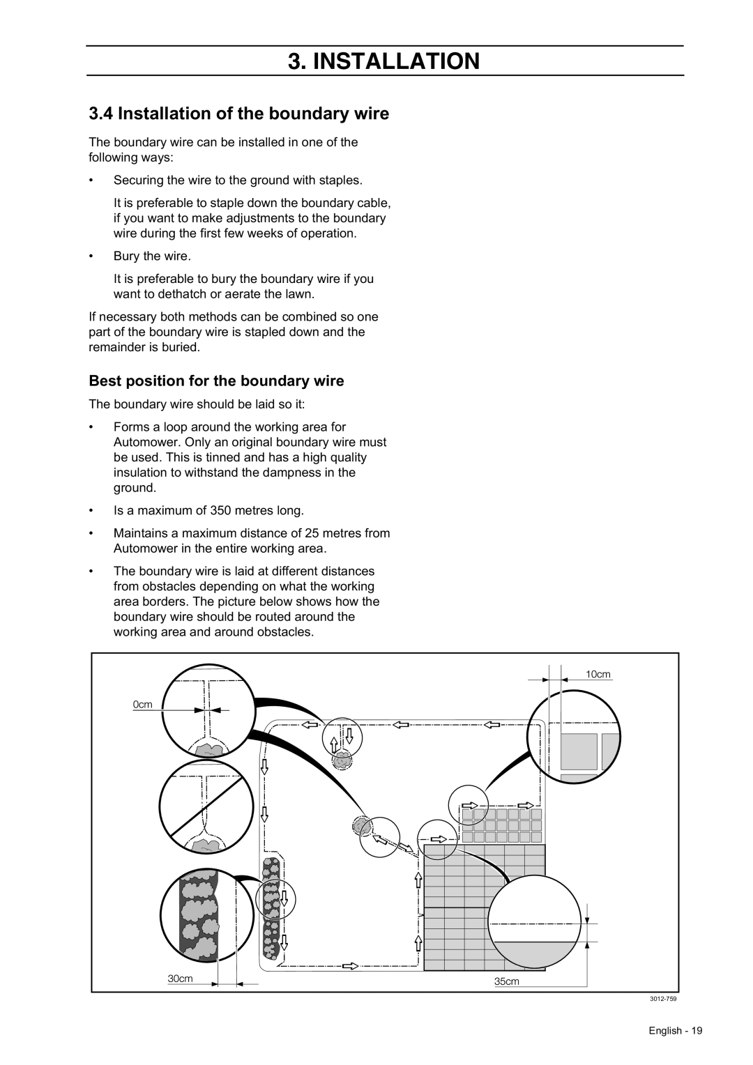 Husqvarna 210 C manual Installation of the boundary wire, Best position for the boundary wire 