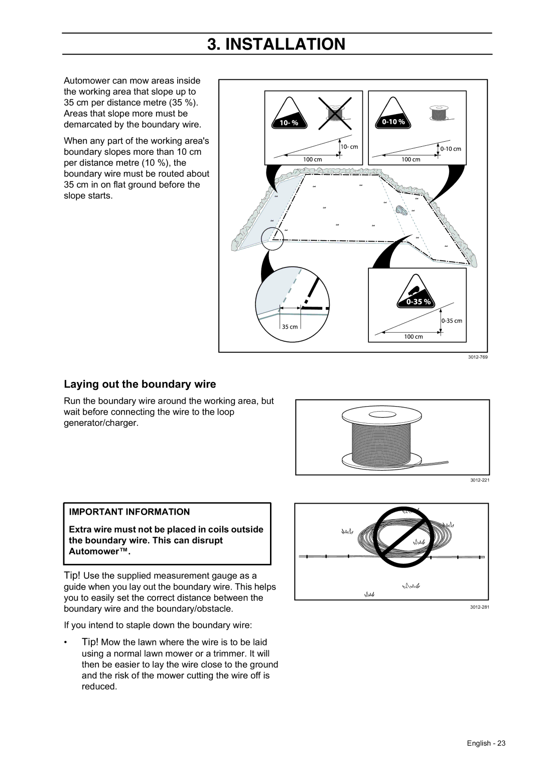 Husqvarna 210 C manual Laying out the boundary wire 